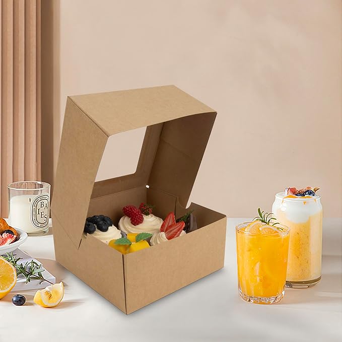 Jotique 6x6x3 Bakery Cookie Boxes with Window, Kraft Paper Cupcake Treat Pastry Food Boxes for Baked Goods 30 Sets