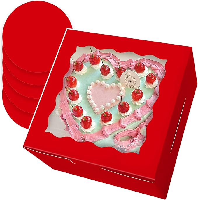 Bakepacker Red 8x8x5 Inches 36pcs Cake Boxes with Window 18-Packs Red Cake Boxes 8 Inch Bakery Boxes (18 Cake Boxes +18 Cake Boards Included)