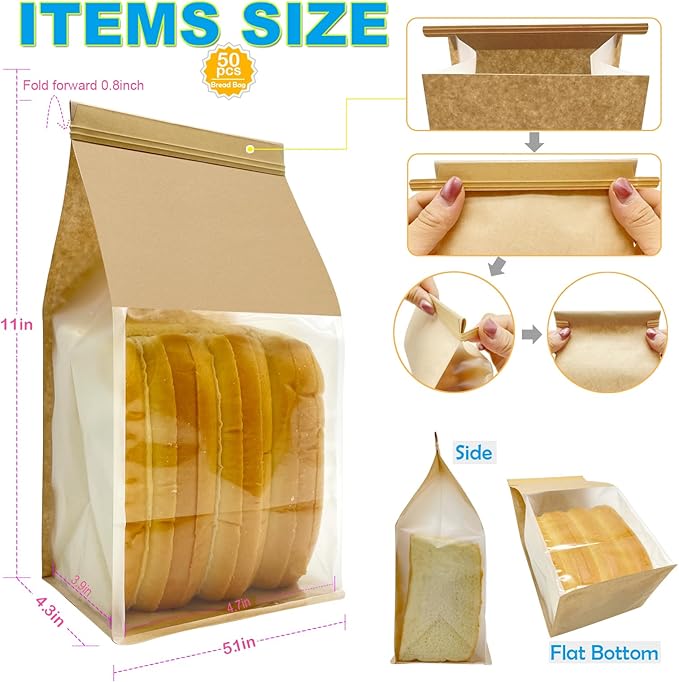 BIUBIU 50ct 5.1x4.3x11inch Thicker Paper Bread Bags for Homemade with Window & Tin Tie Tab Lock - Ideal for Sourdough Bread, Bakery, Baked Goods, Pastry & Cookie Packaging, Brown Kraft, Gift Giving