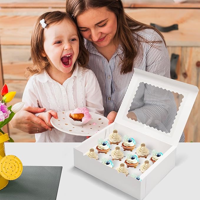 16 Sets of 12-Count White Cupcake Boxes with Window and Insert, 13x10x3.5 Inch, Suitable for Cupcakes, Muffins, and Cookies