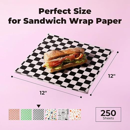 Fit Meal Prep 250 Sheets 12x12" Deli Paper, Black and White Checkered, Grease-Proof Wax Paper for Food Basket, Picnic, Burgers