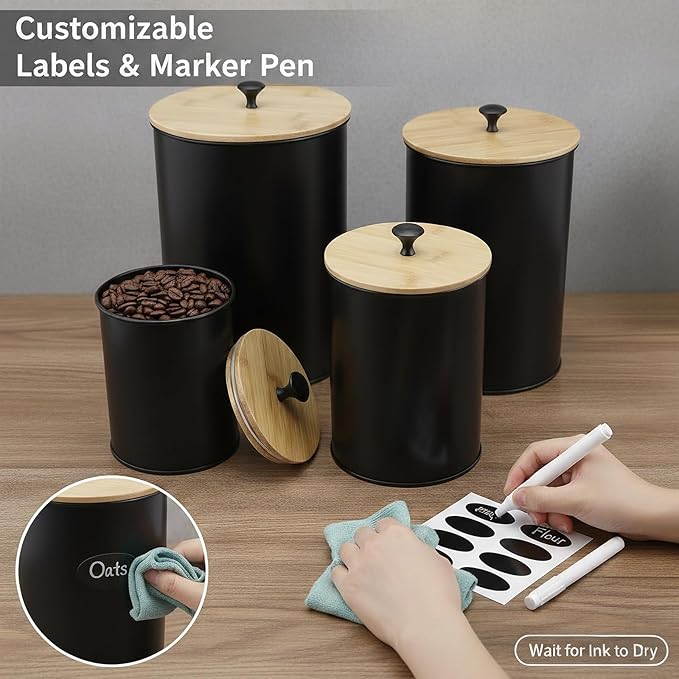 Modern Kitchen Canister Set, Black Metal with Bamboo Lids, Airtight Food Storage Containers, Set of 4, Chalkboard Labels