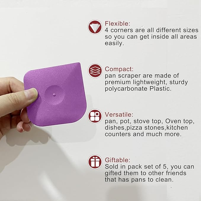 Herda Pan Scraper Pot Scraper Plastic Kitchen Scraper Tool, 5pcs Food Scraper Dish Scraper Hard Nylon Platic Cleaning Scraper Tool for Kitchen Pan, Pot, Cast Iron (Purple)