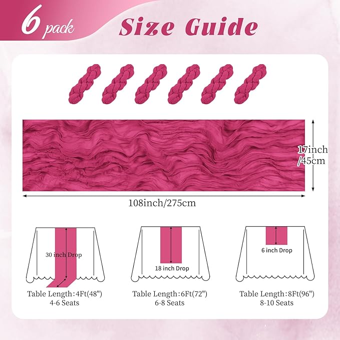 6 Pack Hot Pink Cheesecloth Table Runner 17x108 Inch Semi Sheer Boho Gauze Cheese Cloth Fabric Table Runners, for Wedding Party Baby Shower Birthday Home Decor Garden Farmhouse