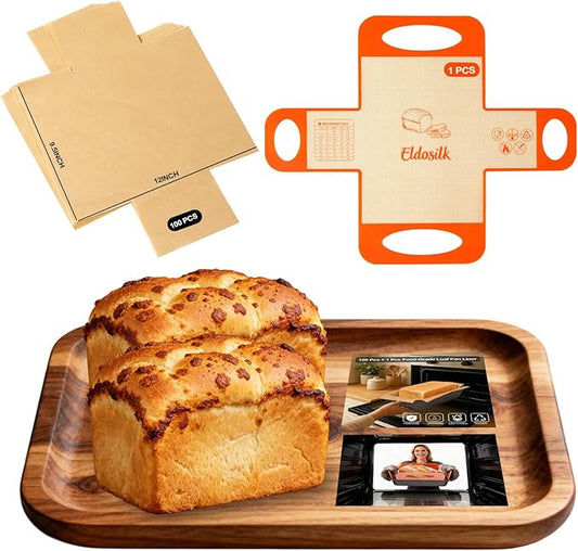 100 Pcs Unbleached Parchment Paper & 1 Pcs Silicone Loaf Pan Liner Set - Non-Stick Precut 9’’x5’’Bread Baking Sheets & Reusable Sourdough Sling with 4 Handles