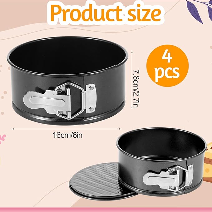 4 PCS 6 Inch Black Springform Pan with Removable Bottom Carbon Steel Mini Cheesecake Pans Round Springform Cake Pan with Stainless Steel Spring Buckles for Baking Kitchens Restaurant