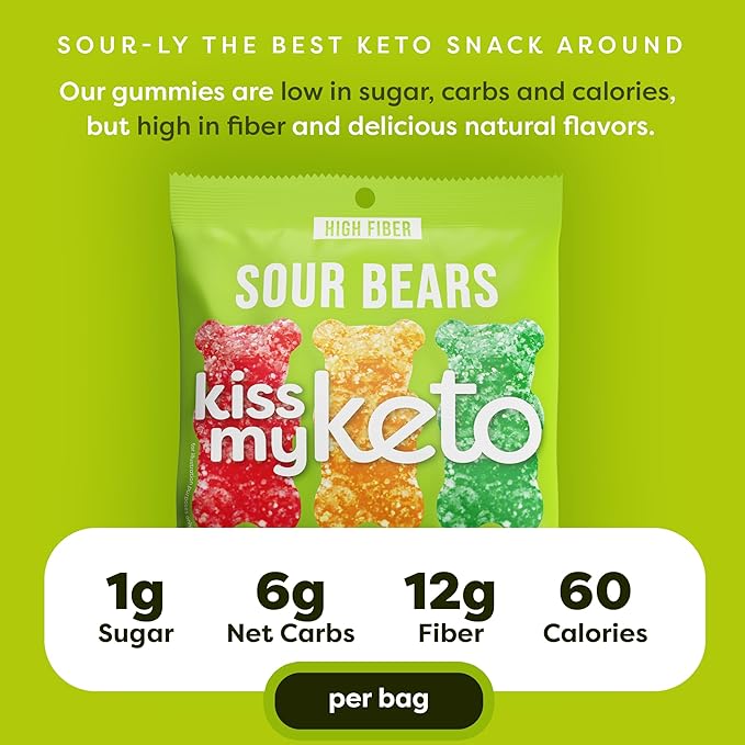 Kiss My Keto Sour Sugar Free Gummy Bears, 16-Pack – Satisfy Cravings while Staying in Ketosis – High Fiber, 6g Net Carbs, Non-GMO, Vegan, & No Gluten – Fruity Sugar Free Gummies