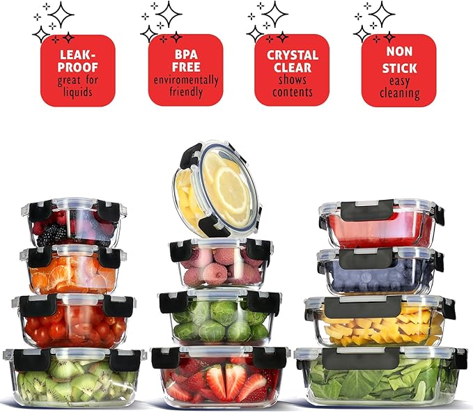 Nestl 48pc (24 Airtight, Freezer Safe Food Storage Containers and 24 Lids), Pantry Kitchen Storage Containers, Glass Meal Prep Container for Lunch, Glass Storage Containers with Lids Black