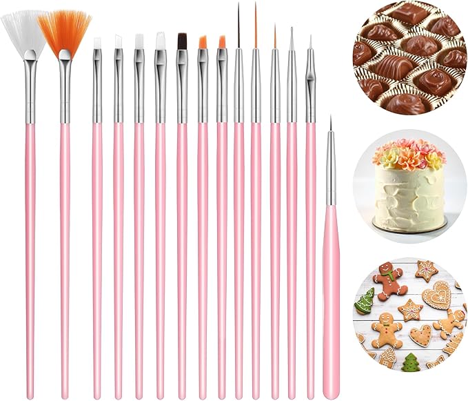 15 PCS Cake Painting Brushes Pink Cookie Decorative Paint Brushes Food Safe Paint Brush Multifunction Sugar Cookie Decorating Brush Kit for DIY Fondant Candy Cakes Baking Painting Decorations Supplies
