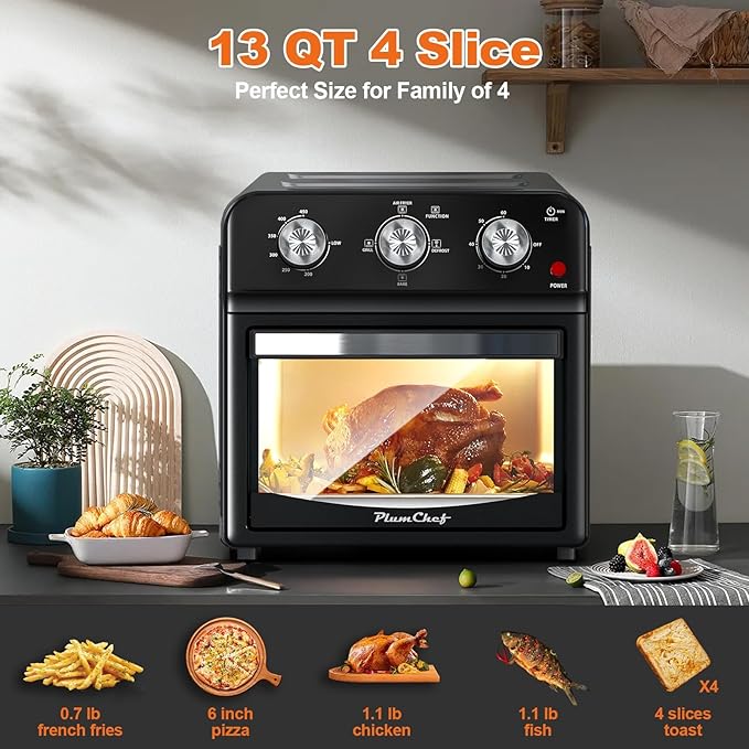 PlumChef 13 Quart 4 Slices Air Fryer Convection Toaster Oven, 1500W, Multifunction Oven for Air Fryer, Gril, Defrost, Bake, Time and Temperature Controls(Black)