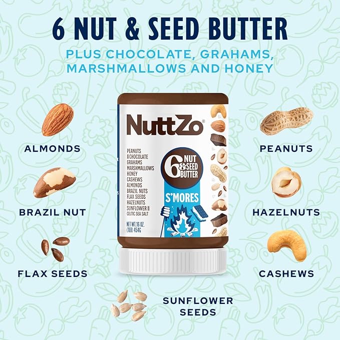 NuttZo S’mores Nut & Seed Butter – 16oz | Creamy Blend with Peanuts, Cashews, Almonds, Graham Crackers, Dark Chocolate & Marshmallows | 5g Sugar, 6g Protein Nut Butter