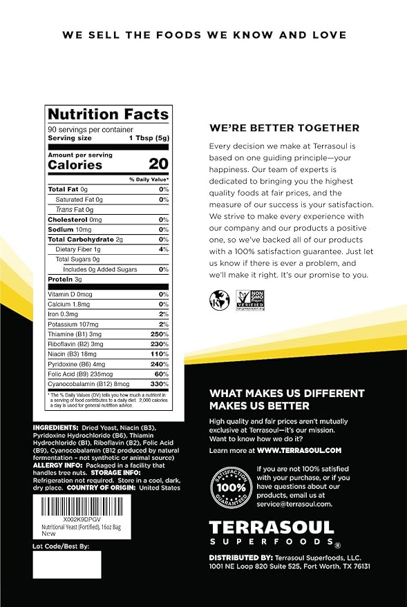Terrasoul Superfoods Premium Nutritional Yeast Flakes, 16oz - Fortified | Gluten Free | Non-GMO | Vegan