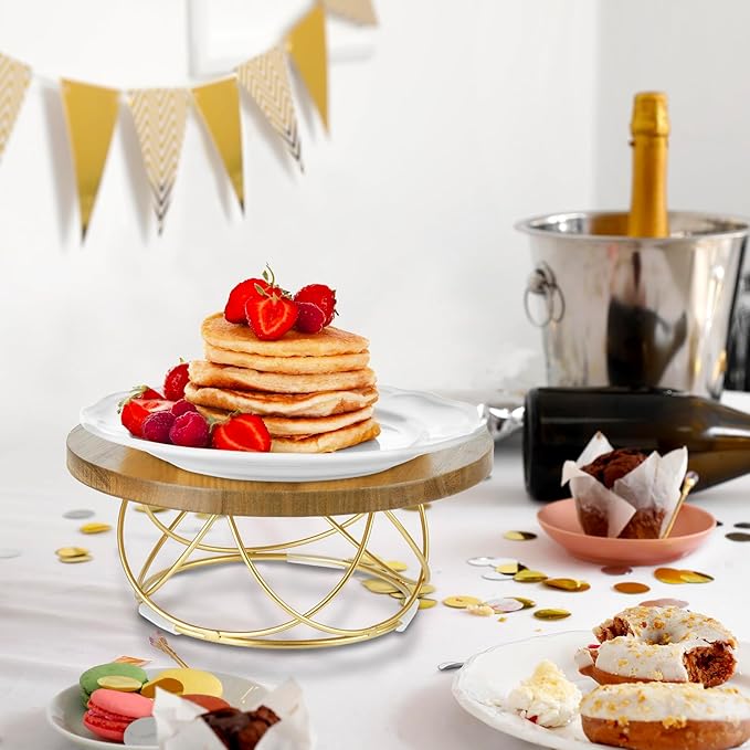 MyGift 10 Inch Round Cake Stand, Premium Acacia Solid Wood Gold Tone Metal Wire Pizza Pan Serving Stand, Table Display Riser for Cupcake Pie Dessert Wedding Party Decor