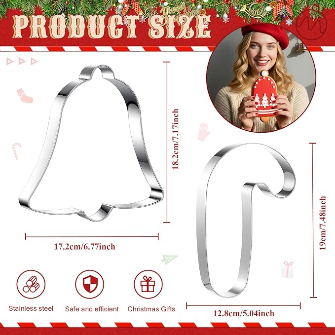 2 Pcs Extra Large Christmas Cookie Cutters 8" Giant Bell and Cane Stainless Steel Cookie Cutters for Winter Holiday Baking