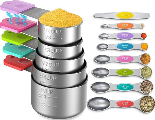 Magnetic Measuring Cups and Spoons Set, 5 Nesting Stainless Steel Measuring Cup Set with Easy to Read Markings, 7 Magnetic Measuring Spoons & 1 Leveler for Measuring Dry or Liquid Ingredients