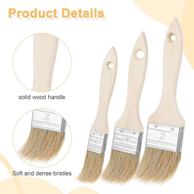 3Pcs Natural Bristle Pastry Brush, Pastry Brush Wooden Handle Basting and BBQ Brushes Kitchen Baking Brushes for Cooking, Butter, Oil, Grilling & Baking Easy Clean Durable Kitchen Culinary Utensil