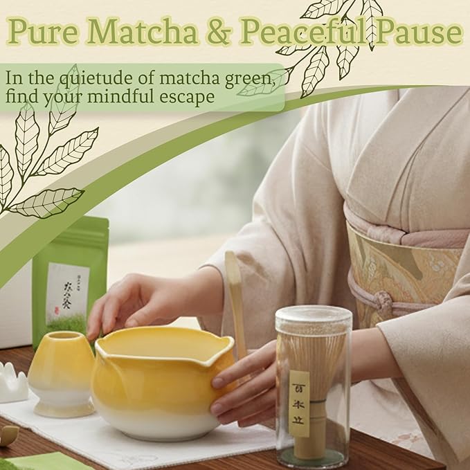 8 Pcs Matcha Whisk Set Chasen Matcha Whisk Bamboo Bowl with Spout Sifter Spoon Scoop Whisk Holder Bamboo Mat Complete Matcha Making Kit (Yellow Petal)