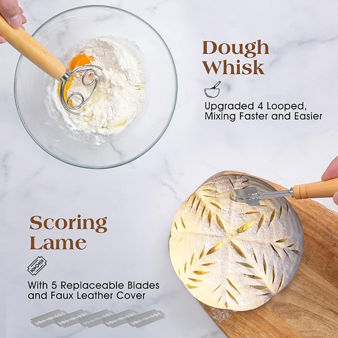 Sourdough Starter Kit, Sourdough Bread Baking Supplies, 9" Round & 10"Oval Rattan Banneton Bread Proofing Baskets Set, Bread baking tools,Silicone bread Sling