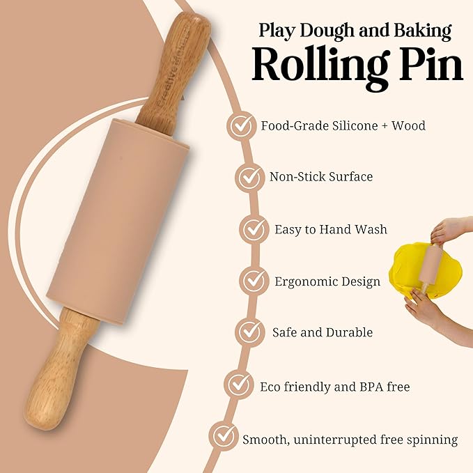 Small Rolling Pin for Kids, Non-Stick Silicone Surface with Wooden Handles for Play Dough and Baking Rolling Pin (Desert Beige)