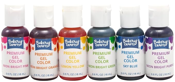 Bakery Crafts Premium Gel Neon Food Coloring 6 Bottle Assortment, 3.6 Fl Oz, Bright Edible Color For Christmas Baking And Decorating, Highly Concentrated, Yellow, Orange, Purple, Blue, Pink, Green | 6 x 0.6FL | Made in USA