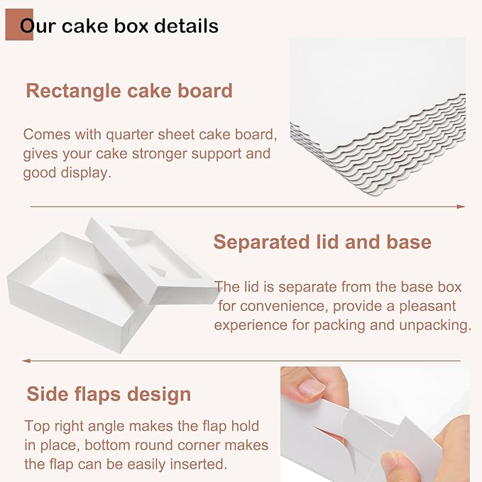 10pcs 14x10x6 Quarter Sheet Cake Boxes with 10 pcs Cake Boards - Rectangle Bakery Boxes with Window for Pastry Baking, Cupcakes, Donuts, Cookies, Pie Treat Packaging White Large