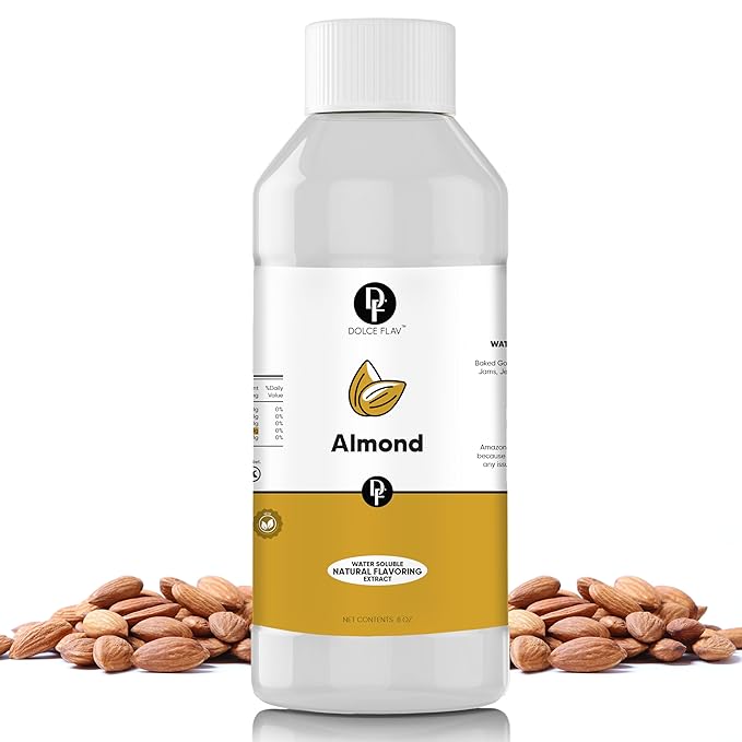 Dolce Flav Natural Almond Extract – 8 Ounce Water-Soluble Kosher, Sugar-Free, Concentrated Pure Almond Flavoring for Baking, Pastries & Beverages, Includes Measured Dropper
