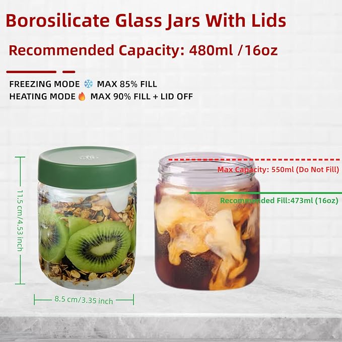 16oz Borosilicate Glass Jars with Lids - Freezer to Oven Safe (-4°F to 446°F), Airtight Meal Prep Containers for Overnight Oats, Snacks, Coffee, Microwave & Dishwasher Safe (6pack)