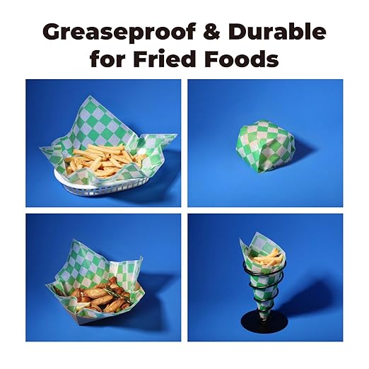 Fit Meal Prep [250 Sheets] 12x12" Deli Paper Sheets, Green and White Checkered Dry Waxed Paper, Sandwich Wrapping, Grease-Proof Wax Paper for Food Basket, Chritmas Parties, Picnic, Burgers