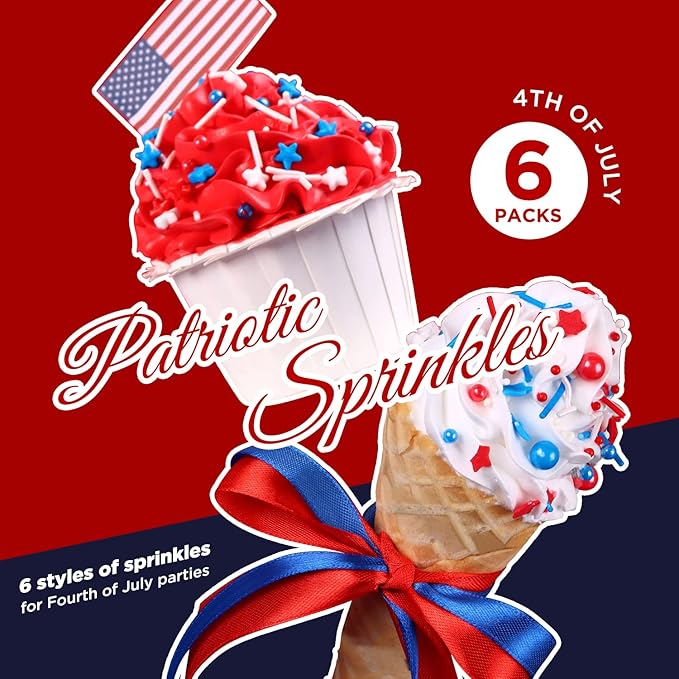 Edible Patriotic Sprinkles Nonpareils Red White and Blue 4th of July for Cake Decorating Baking, Ice Cream, Cookies, Cupcake Topper (6 Packs)