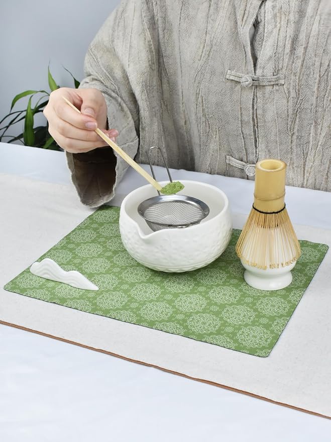 Artcome Matcha Tea Set – Green Sakura Embossed Ceramic Bowl 17oz with Bamboo Whisk, Whisk Holder, Strainer, Scoop, Tea Spoon, Cloth – Traditional Japanese Matcha Kit for Daily Use & Gift Giving