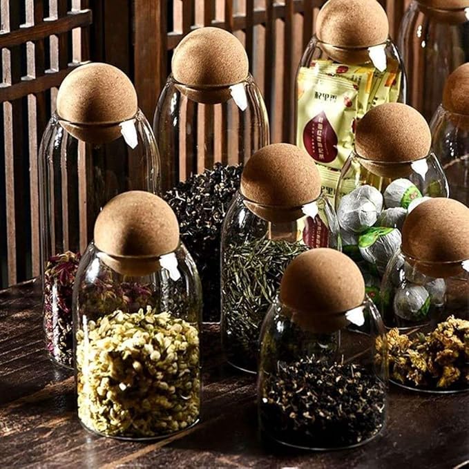 500ML/16Oz Clear Glass Storage Cute Canister Holder Ball Wood Cork Top, Modern Decorative Cylinder Container Jar with Round Lid for Coffee, Spice, Candy, Salt, Cookie Cool Terrarium Bottle