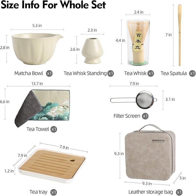 Matcha whisk Set, 8 Pcs Matcha Set with Holder/Scoop/Sifter/Leather Storage Box, 14 OZ,Perfect Matcha Kit for Tea Ceremony,Japanese Tea Making Tools (Beige)