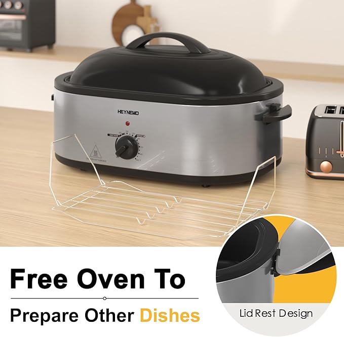 20 Quart Roaster Oven with Self-Basting Lid, Large Electric Turkey Roaster Oven with Defrost & Warm Function, Adjustable Temperature, Removable Pan & Rack, Stainless Steel, Silver