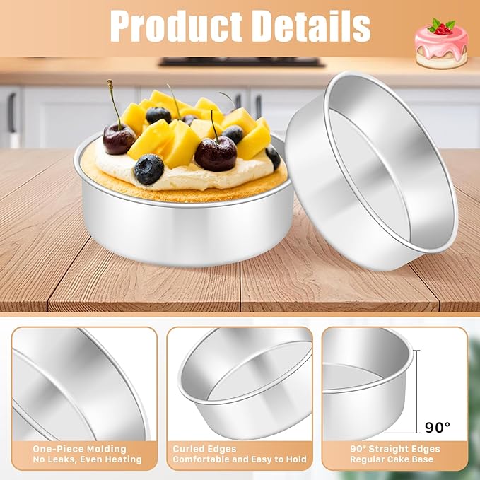 Round Cake Pan Set of 4, 6 inch Stainless Steel Cake,Small Baking Pans For Baking, Serving, Steaming, Mirror Finish & Dishwasher Safe