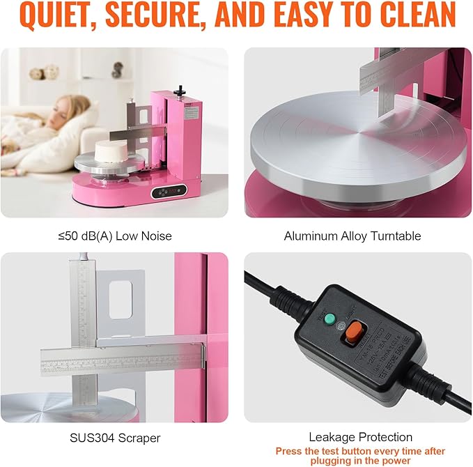 VEVOR Cake Decorating Machine, Cake Cream Spreading Coating Smearing Machine, Low Noise Cake Frosting Machine, Turntable with Adjustable Scraper, for 6" to 14" Cake, 25-320RPM Rotating Speed, Pink