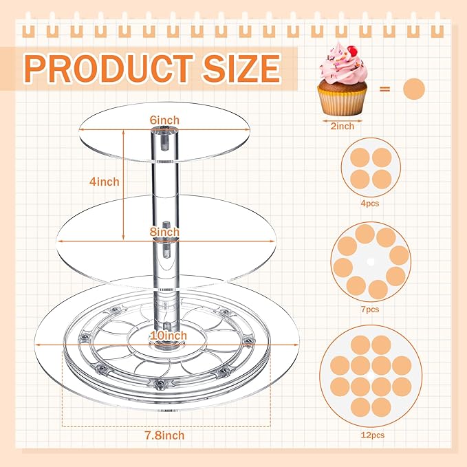 Tiered Cupcake Display Stand Rotatable Cake and Cupcake Tower Stand Combo Clear Acrylic Cake Holder with Tiered Tray for Dessert Pastry Birthday Wedding Party Table(3 Tire and Round)