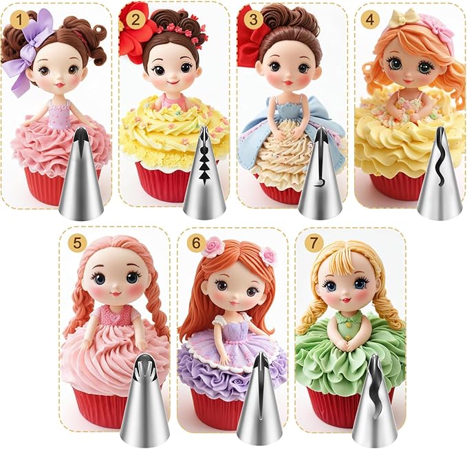 7PCS Pleated Skirt Piping Tips Set, Stainless Steel Cake Decorating Tips Nozzle Piping Set Frosting Icing Tips with Cleaning Brush for Pastry Fondant Cupcakes Cake Decorating