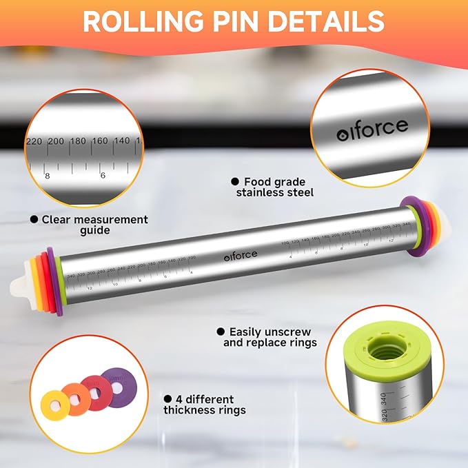 Stainless Steel Rolling Pin with Thickness Rings and Pastry Baking Mat, Pizza, Cookie, Bread, Pie Crusts,Roller Rod for Dough Thickness, 13.6" with 4 Multicolored Thickness Rings&Cookie Molds