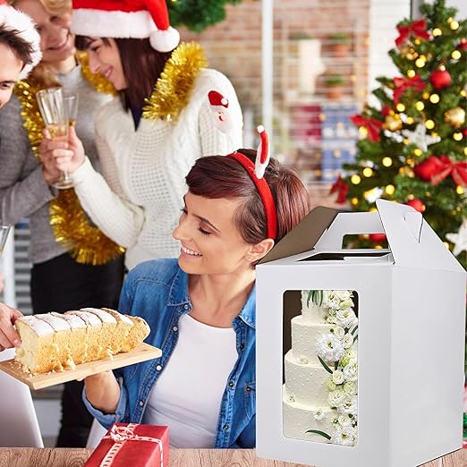 KBG Tall Cake Boxes for Tier Cakes 6pcs 14x14x16 and 16x16x18 Inches With Window With Handle,Disposable Large Cake Box for Wedding Cake Safe Transport Box