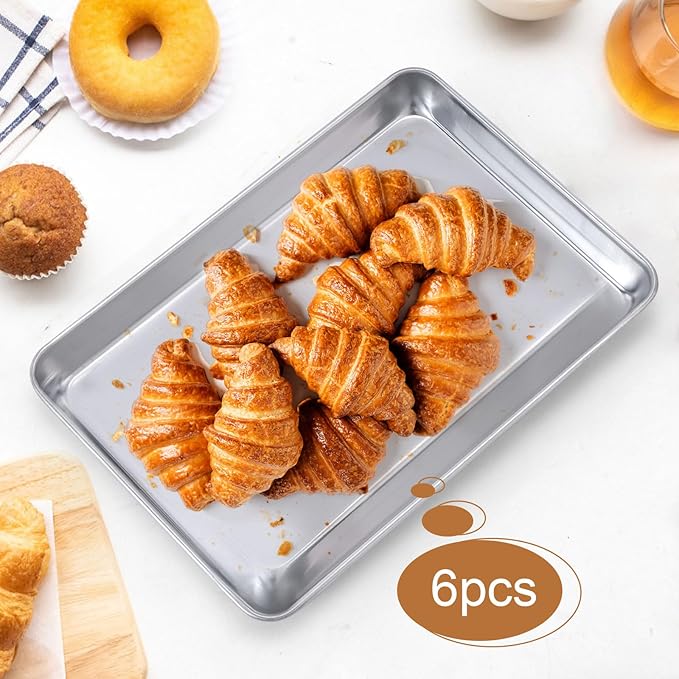 6 Pack Baking Sheet Pan Set Cookie Sheet Small Toaster Oven Pans Stainless Steel Tray Barbecue Grill Pan Rectangle Trays Oven and Dishwasher Safe 8.5 x 6 x 0.8 Inches