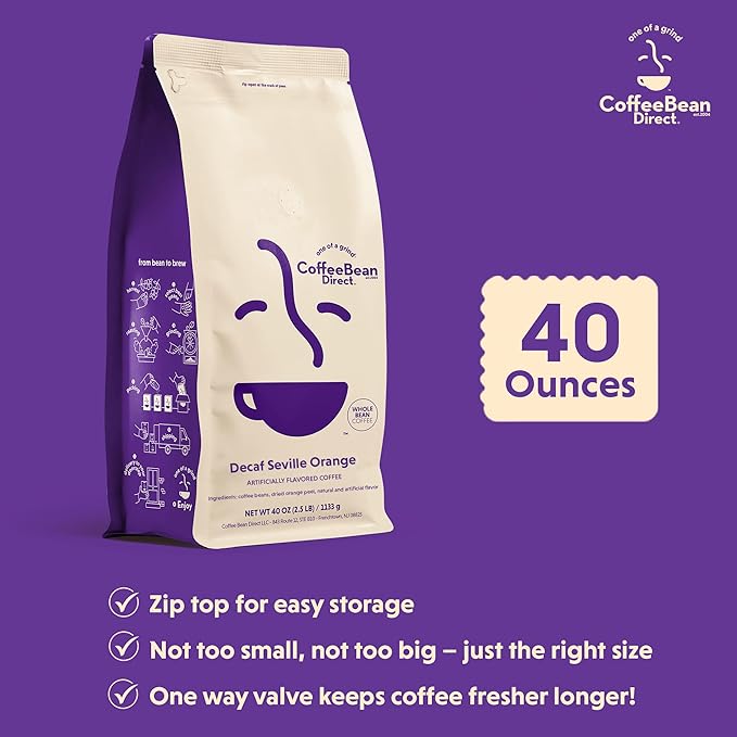 Coffee Bean Direct Decaf Seville Orange Flavored, Whole Bean Coffee, 2.5 Pound Bag