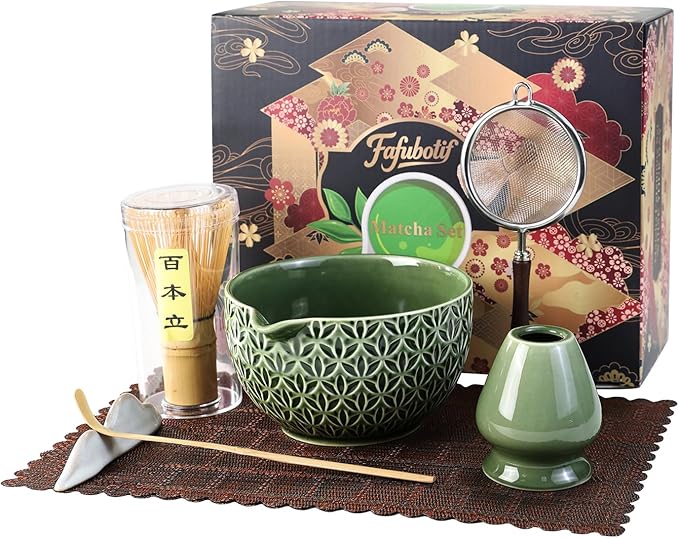7 Pcs Matcha Whisk Set, Ceremony Matcha Kit with Matcha Bowl, Bamboo Whisk and Holder, Scoop and Scoop Rest, Sifter and Tea Towel, Gift for Matcha Lovers (Green/Bamboo Leaf-Patterned)