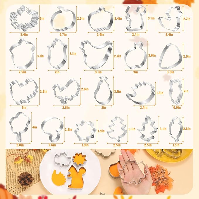 Lezmarket 23Pcs Fall Thanksgiving Cookie Cutters Set, Holiday Cookie Cutters Stainless Steel Baking Supplies for Thanksgiving Cookie Sandwich - Pumpkin Maple Leaf Flower Squirrel Turkey Corn Rooster