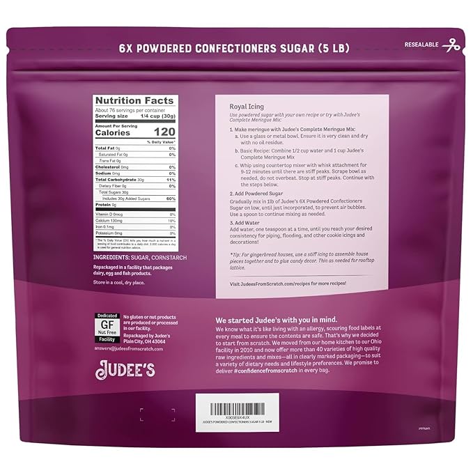 Judee’s 6X Powdered Confectioners Sugar 5 lb - 100% Non-GMO, Gluten-Free, and Nut-Free - 6X Size Perfect for Icing, Frosting, and Dusting Baked Goods