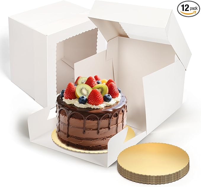 Cake Boxes with Window, 12Pack Set 10x10x8 Inches Paper Box with Bakery Boards, Disposable White Boxes for Birthaday Cake, Donuts, Pies, Cookies, Wedding, Party