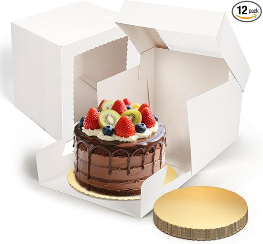 Cake Boxes with Window, 12Pack Set 10x10x8 Inches Paper Box with Bakery Boards, Disposable White Boxes for Birthaday Cake, Donuts, Pies, Cookies, Wedding, Party