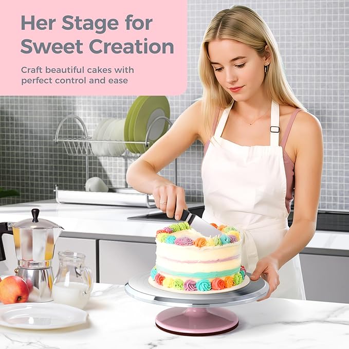 Ohuhu Cake Turntable, Aluminium 12'' Cake Decorating Kit Supplies Rotating Stand Revolving Spinner with 2 Icing Spatula 3 Comb Smoother Christmas Gifts
