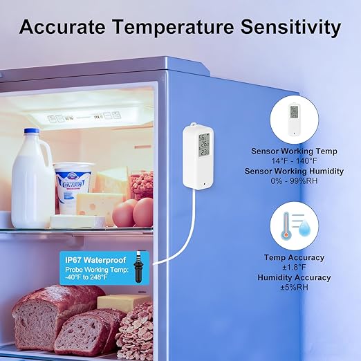 eMylo WiFi Refrigerator Thermometer Hygrometer Sensor, Wireless Freezer Temperature Humidity Monitor with App Alert, Free Data Storage Export, Dual Detection for Home Kitchen Fridge Aquarium Tub
