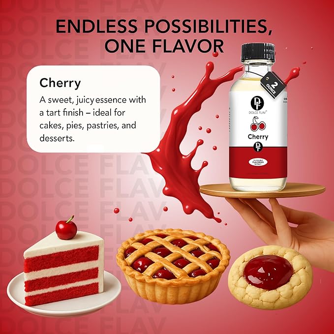 Dolce Flav Cherry Extract – 8 Ounce Oil-Soluble Kosher, Sugar-Free, Concentrated Fruity Flavor for Candy, Chocolates & Desserts