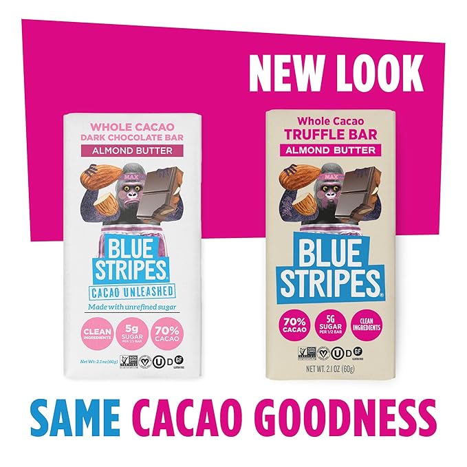 Blue Stripes - Almond Butter Whole Cacao Truffle Chocolate Bars, 70% Cacao, Almond Butter, Healthy Chocolate, Vegan, No Refined Sugar, Non GMO, Gluten Free, 2.1 OZ